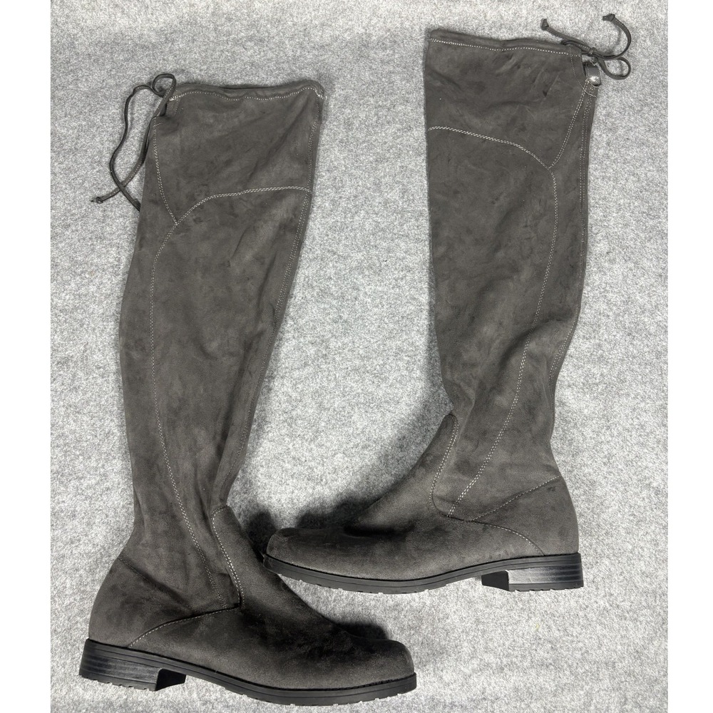 Unisa Tall Over The Knee Boots 10M Grey Faux Suede Tie Back